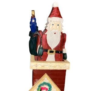 9 1/2" Carved Wooden Santa in the Chimney